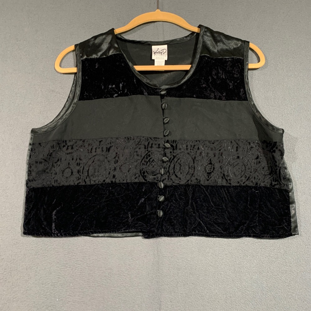 Kathryn Deene Womens Black Mixed Media Velvet Satin Button Front Vest Size 14/16
